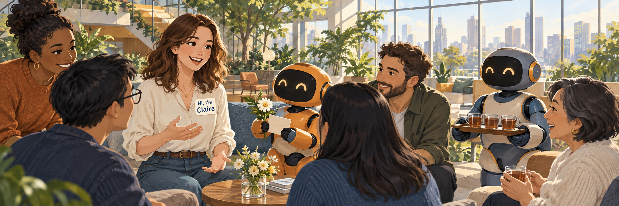 People and friendly robots meet in a sunlit atrium lounge.