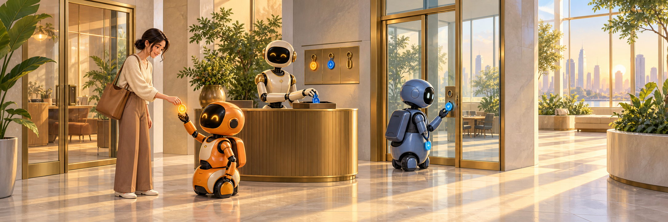 A person gives a token to an amber robot while a blue robot uses its own token to open a door.