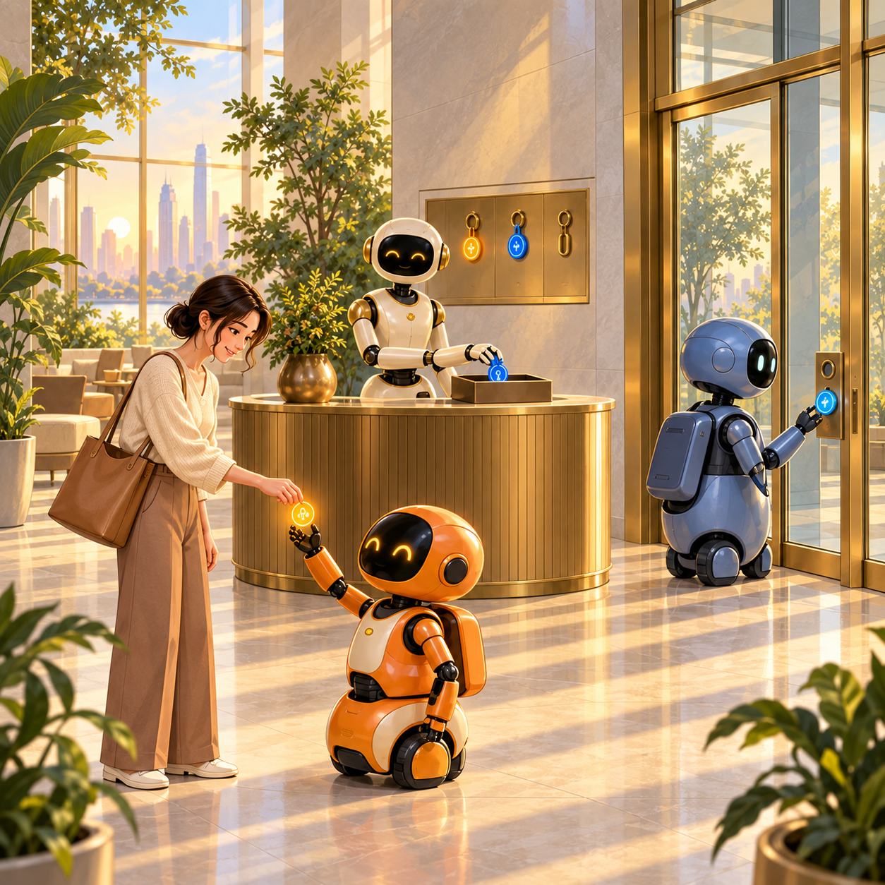A person gives a token to an amber robot while a blue robot uses its own token to open a door.
