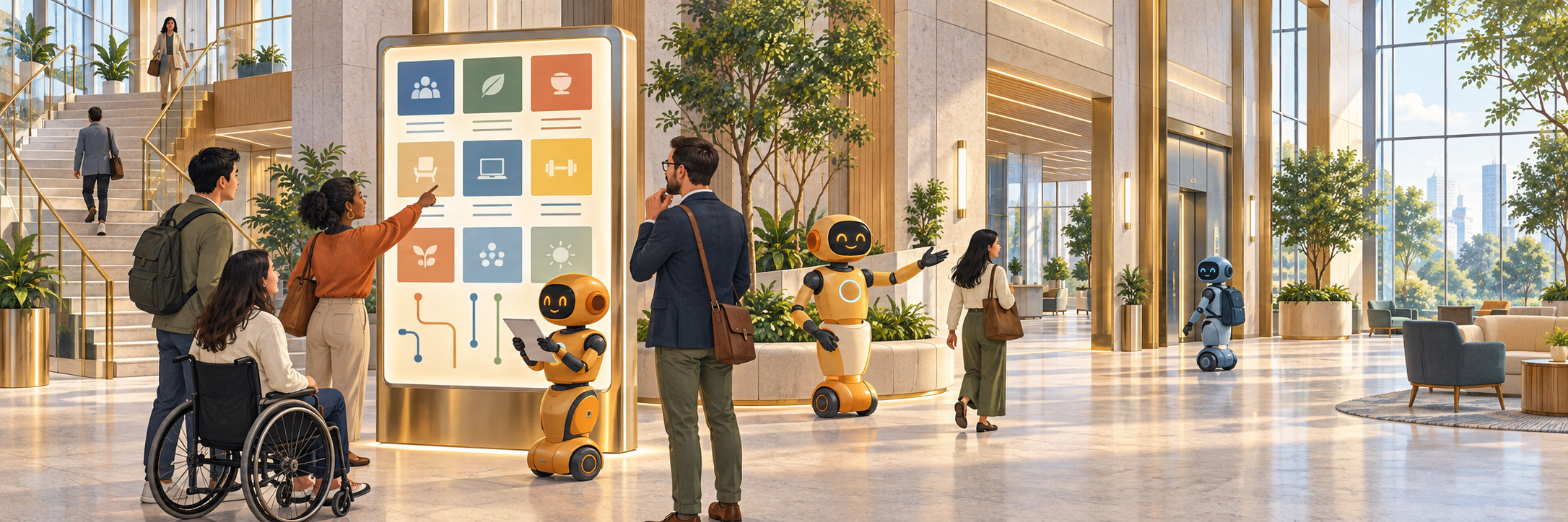 People and friendly robots consult a large illuminated office-lobby directory with colored wayfinding tiles.