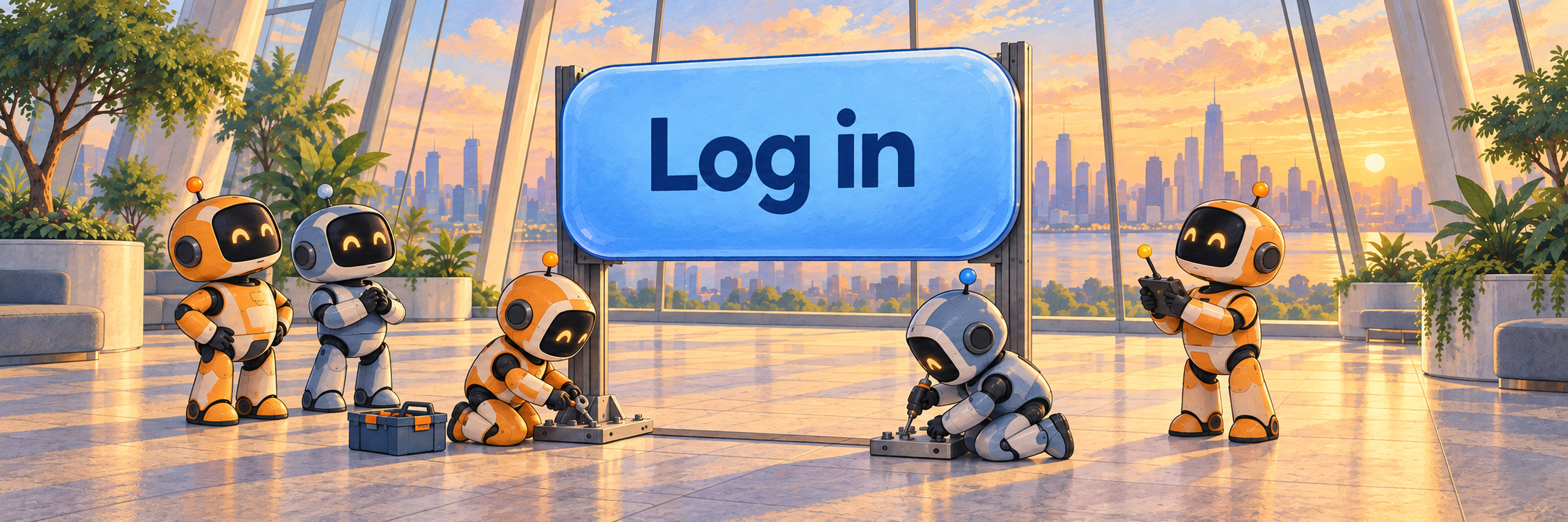 Five robots install a blue Log in button.