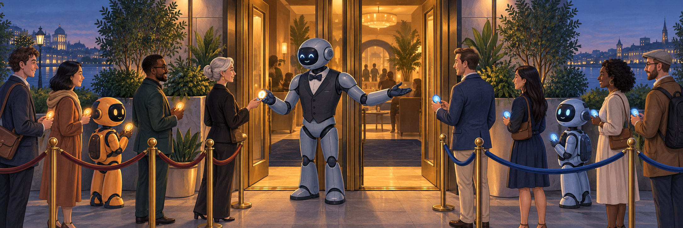 A robot host welcomes two groups of people and robots in separate amber and blue entry lanes.