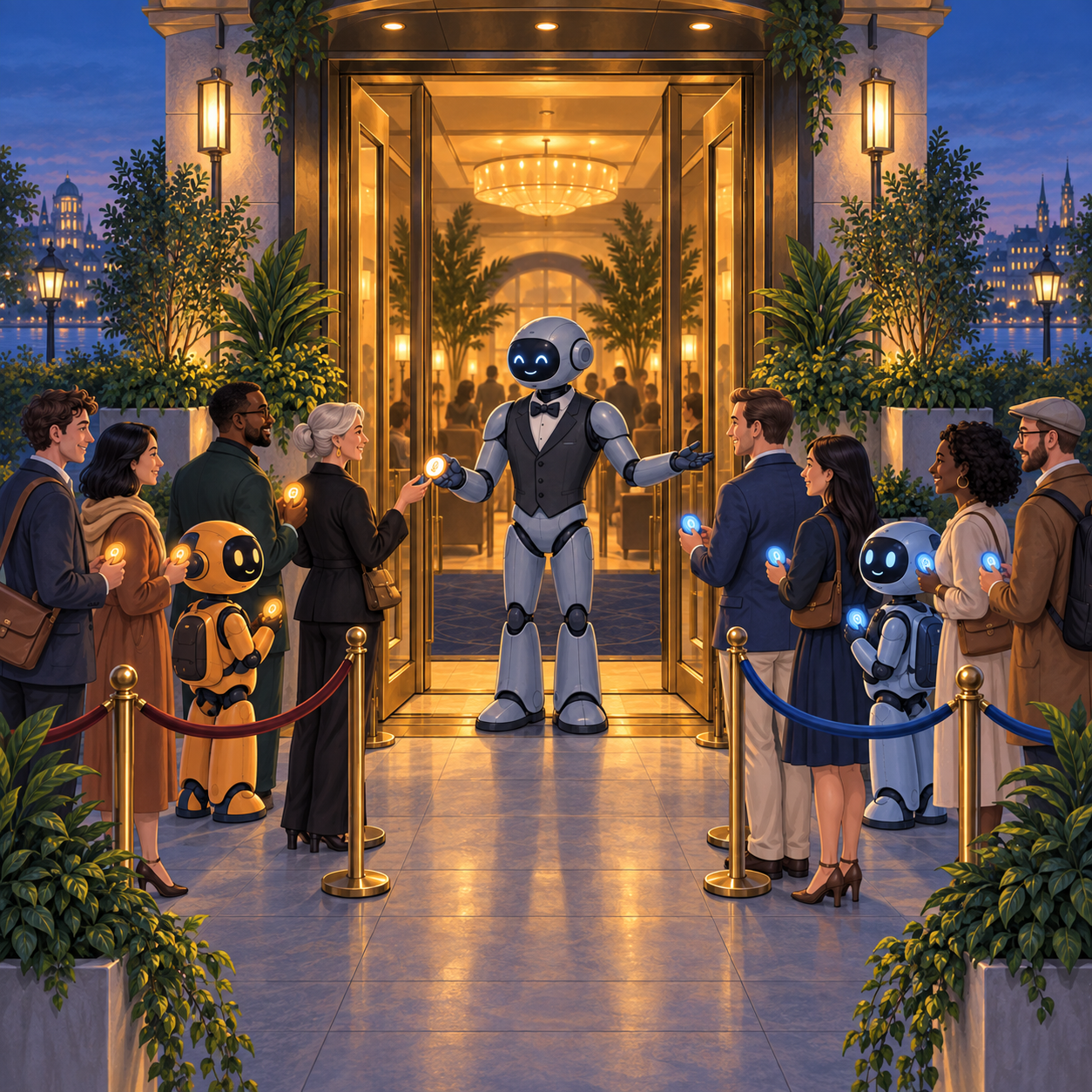 A robot host welcomes two groups of people and robots in separate amber and blue entry lanes.