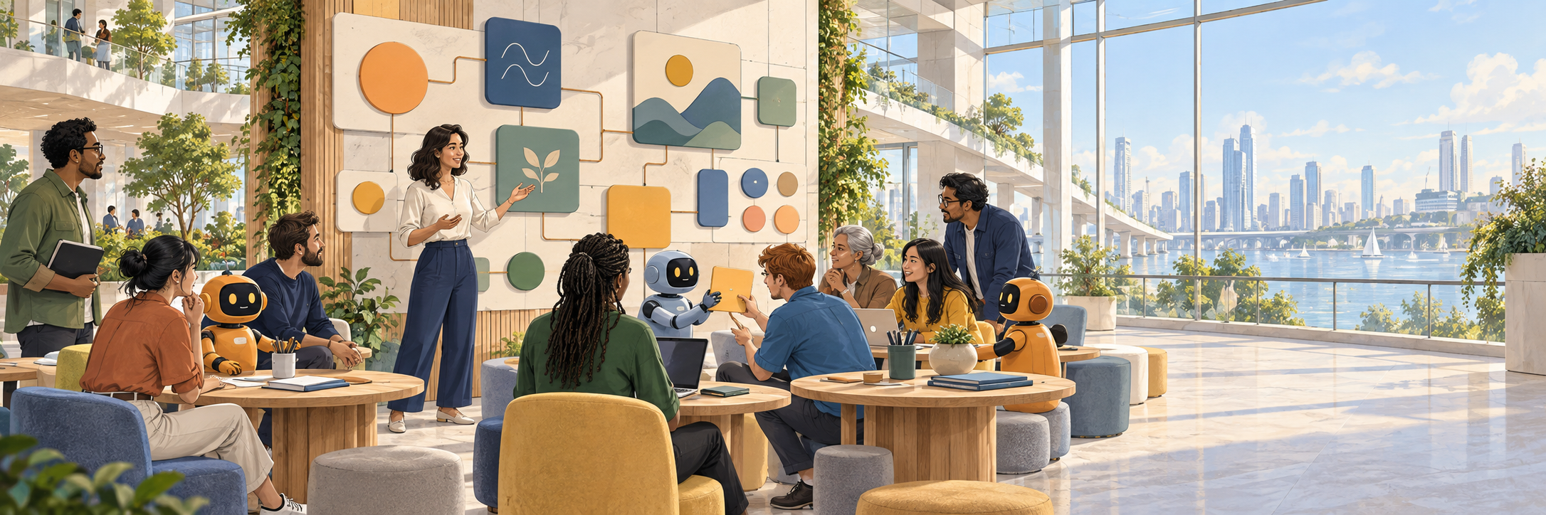 People and friendly robots collaborate in a bright seminar studio around a connected wall of colorful platform modules.