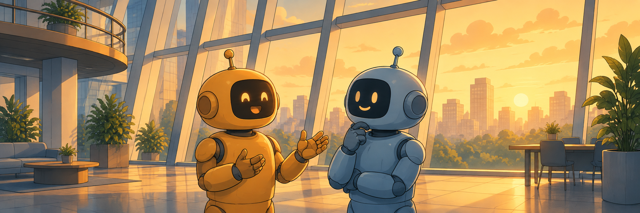 Two robots conversing in a sunlit atrium