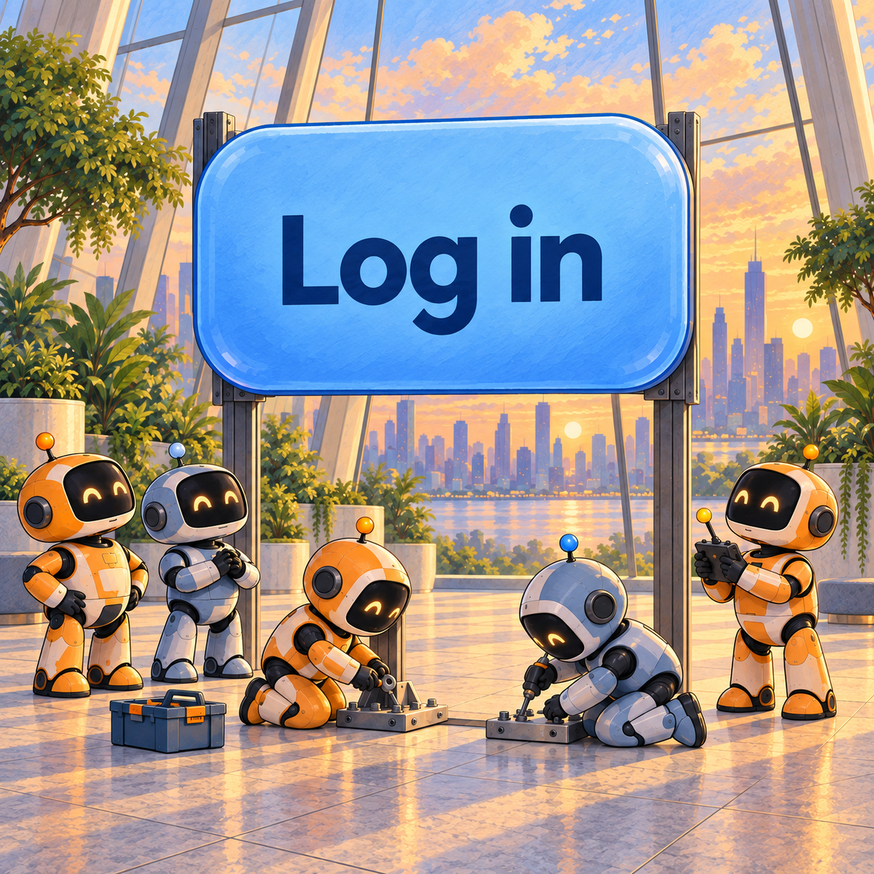 Five robots install a blue Log in button.