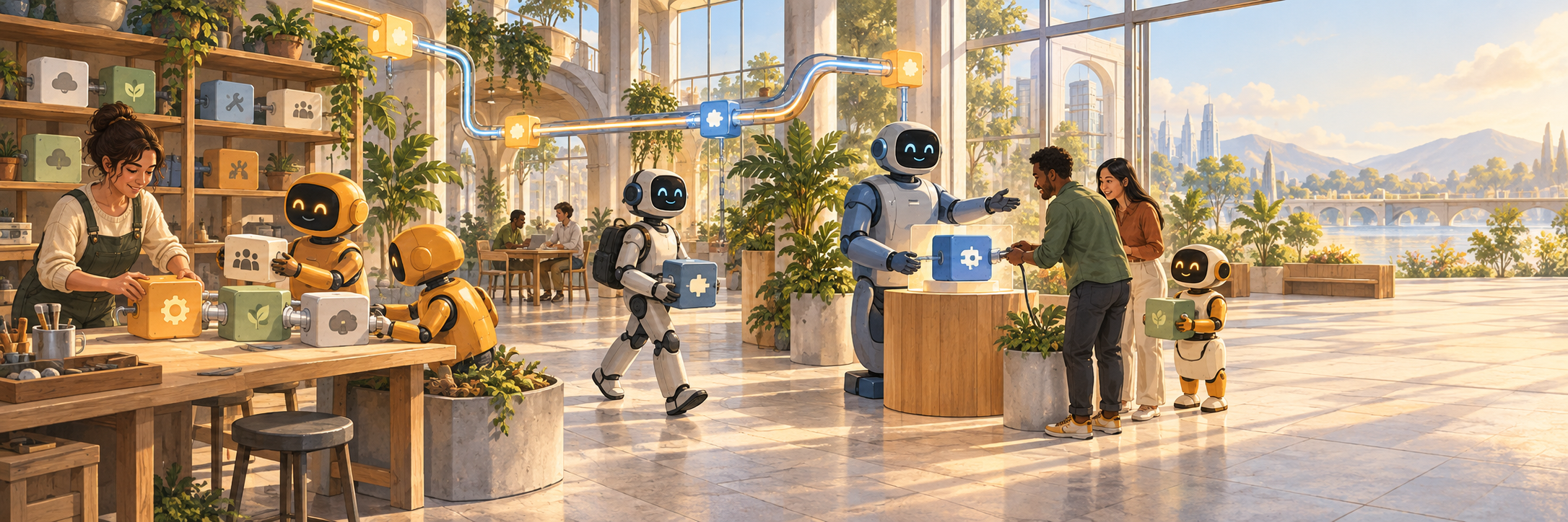 People and robots build with connected service blocks and offer services to others.