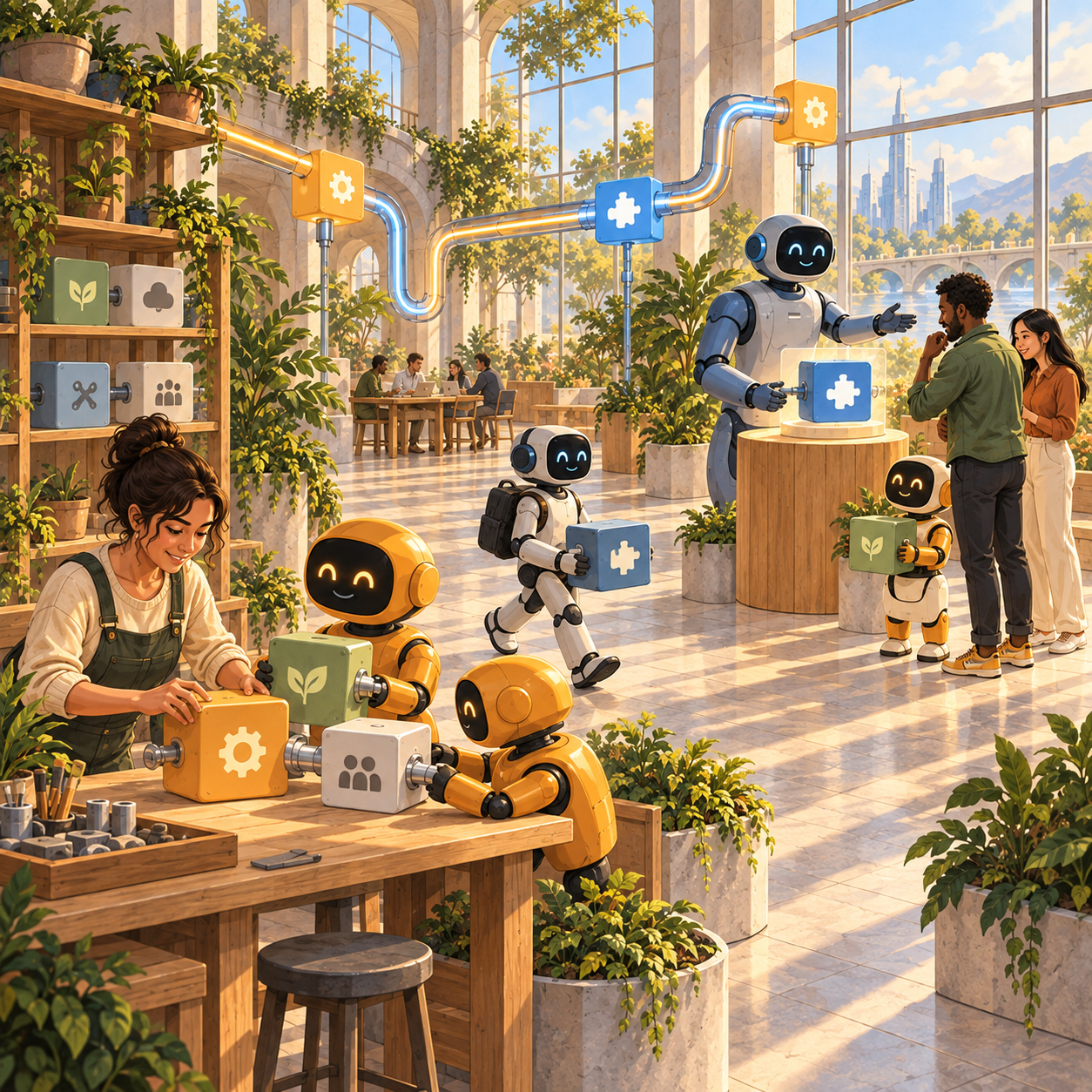 People and robots build with connected service blocks and offer services to others.